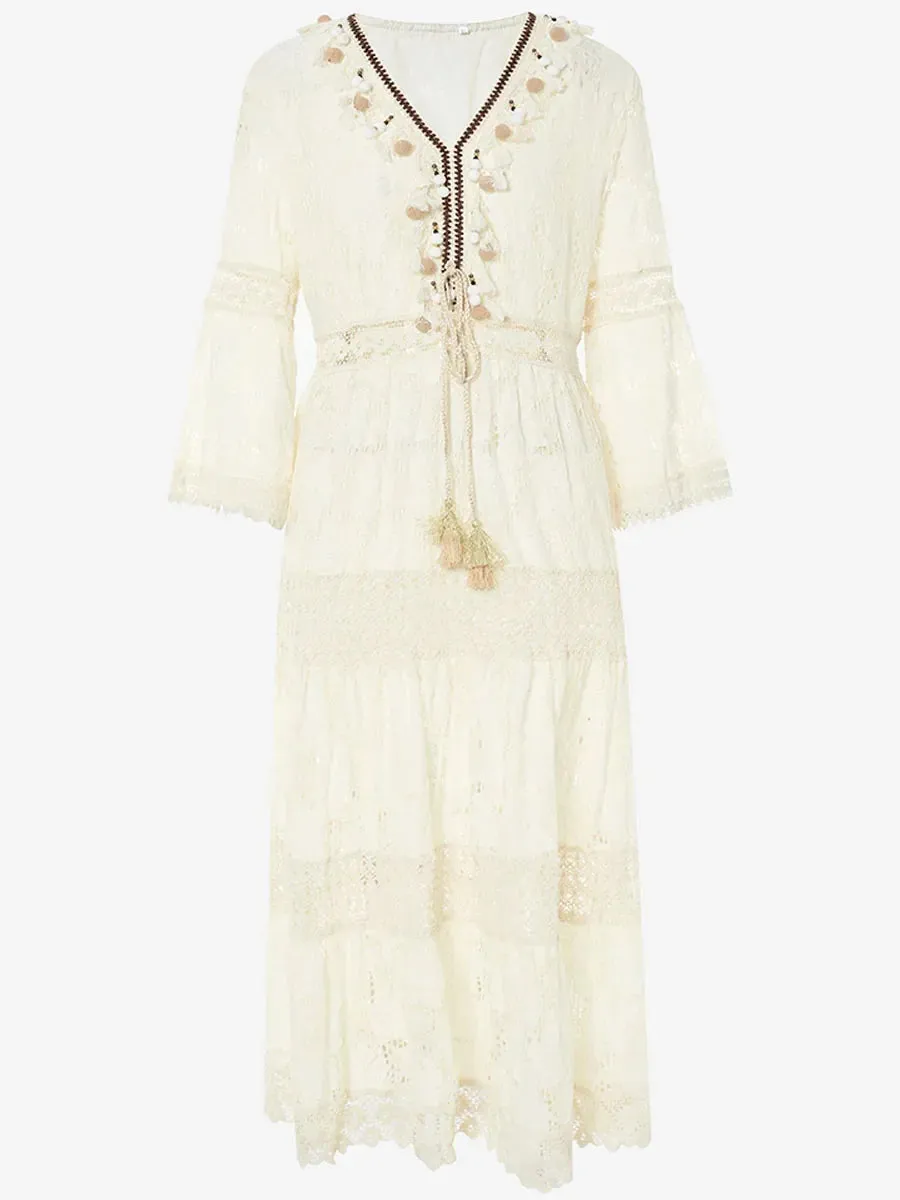 2024 Retro Boho Lace Maxi Dress White Wedding Boho Dress