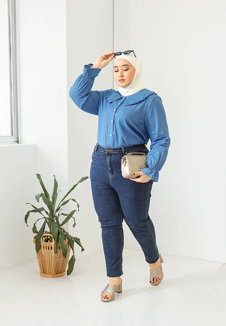 Dollee Big Collar Puff Sleeve Denim Blouse - Dark Blue